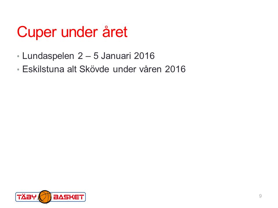 Cuper under året Lundaspelen 2 – 5 Januari 2016 Eskilstuna alt Skövde under våren