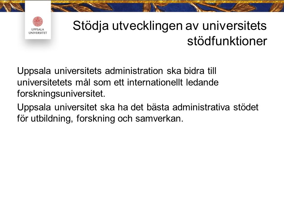 Stödja utvecklingen av universitets stödfunktioner Uppsala universitets administration ska bidra till universitetets mål som ett internationellt ledande forskningsuniversitet.