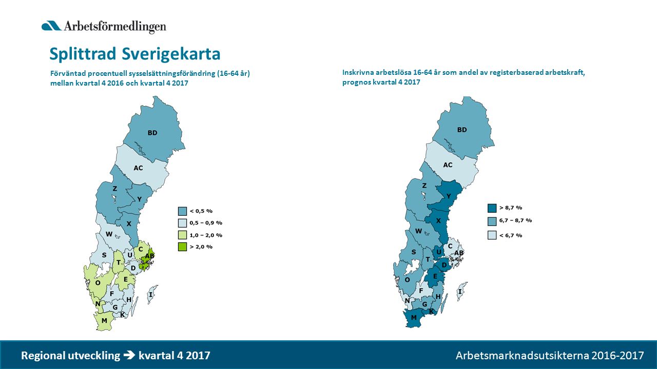 Splittrad Sverigekarta Regional utveckling  kvartal Förväntad procentuell sysselsättningsförändring (16-64 år) mellan kvartal och kvartal Inskrivna arbetslösa år som andel av registerbaserad arbetskraft, prognos kvartal Arbetsmarknadsutsikterna