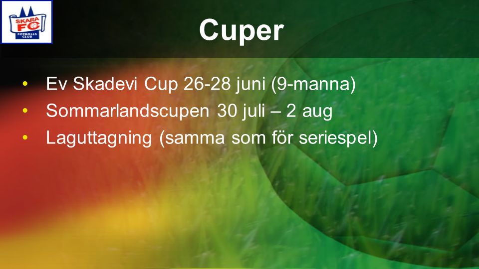 Cuper Ev Skadevi Cup juni (9-manna) Sommarlandscupen 30 juli – 2 aug Laguttagning (samma som för seriespel)