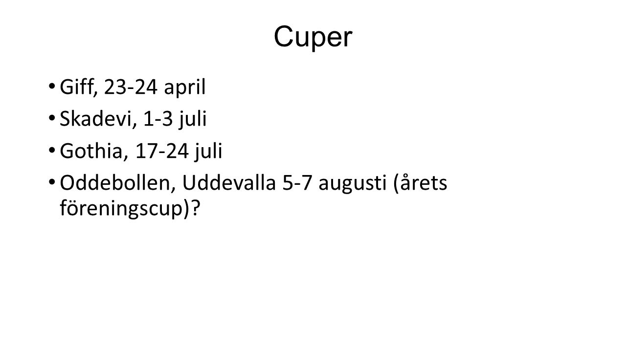 Cuper Giff, april Skadevi, 1-3 juli Gothia, juli Oddebollen, Uddevalla 5-7 augusti (årets föreningscup)