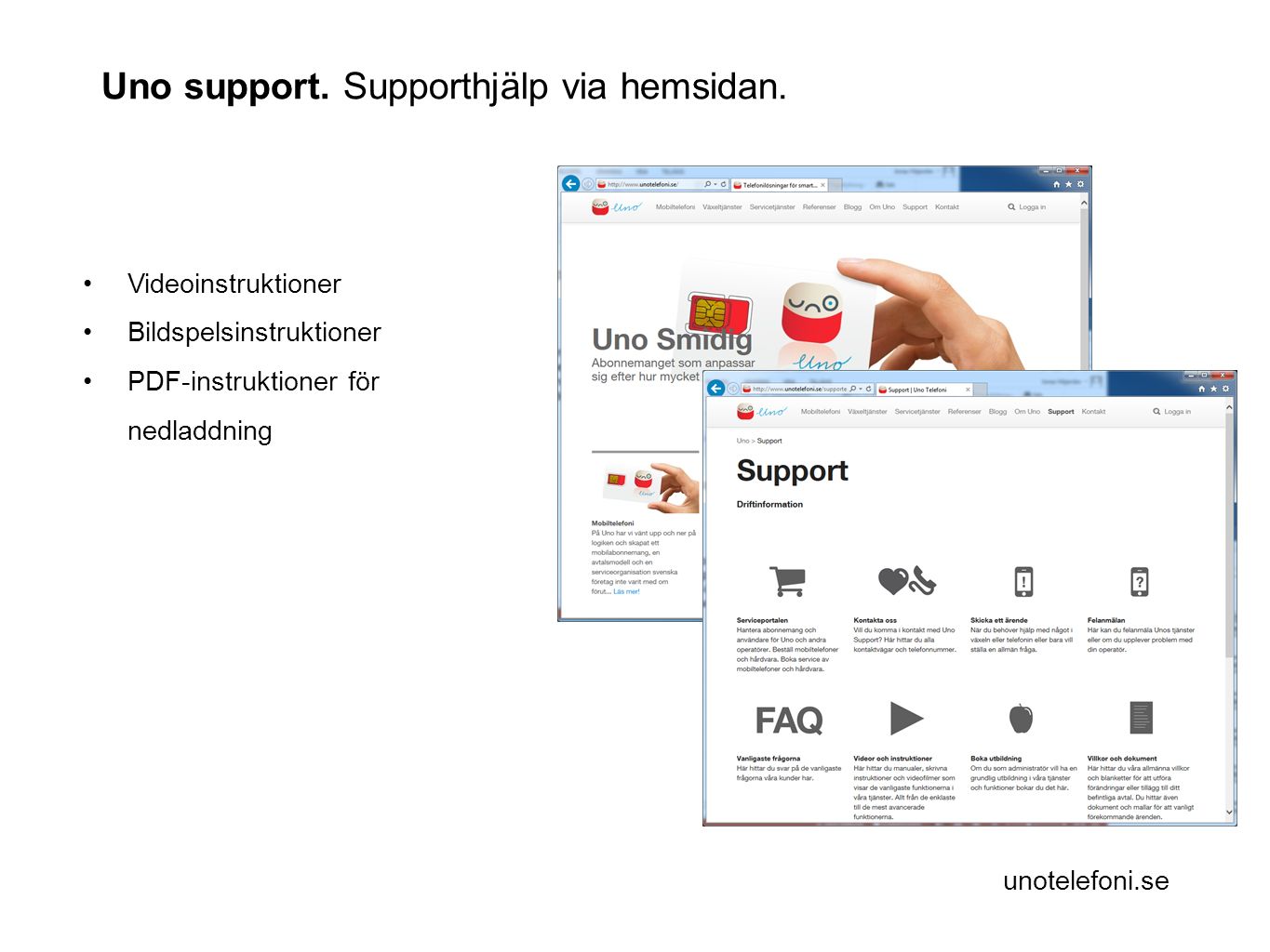 unotelefoni.se Videoinstruktioner Bildspelsinstruktioner PDF-instruktioner för nedladdning Uno support.