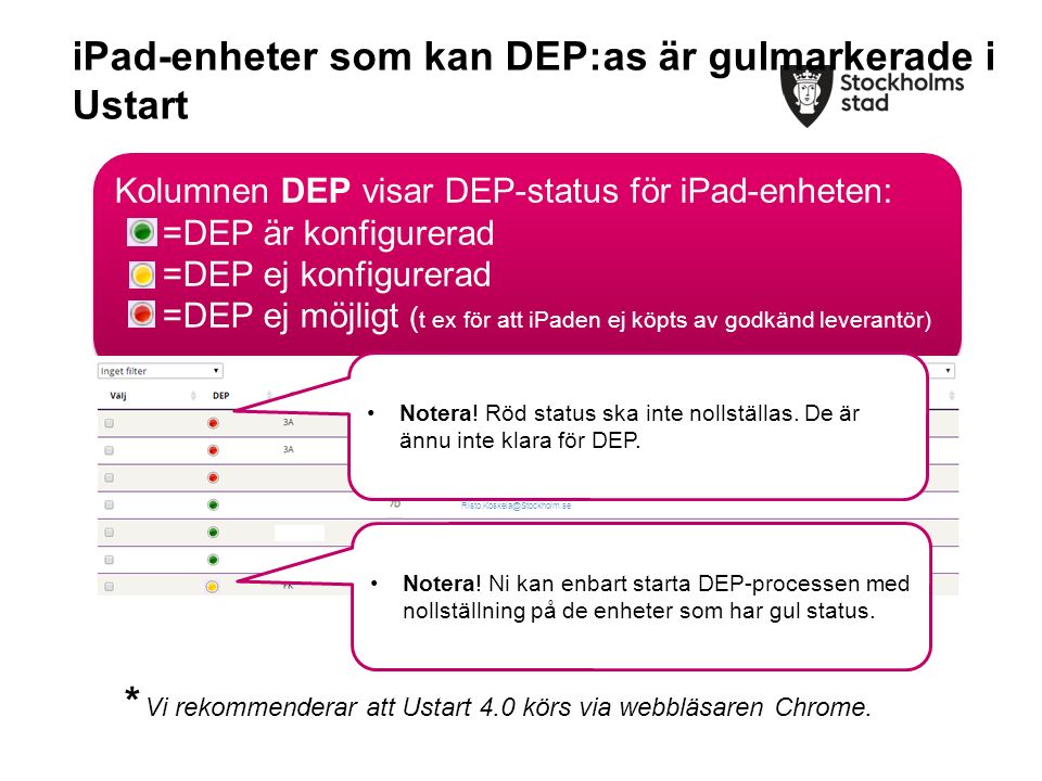 Kolumnen DEP visar DEP-status för iPad-enheten: =DEP är konfigurerad =DEP ej konfigurerad =DEP ej möjligt ( t ex för att iPaden ej köpts av godkänd leverantör) Kolumnen DEP visar DEP-status för iPad-enheten: =DEP är konfigurerad =DEP ej konfigurerad =DEP ej möjligt ( t ex för att iPaden ej köpts av godkänd leverantör) iPad-enheter som kan DEP:as är gulmarkerade i Ustart * Vi rekommenderar att Ustart 4.0 körs via webbläsaren Chrome.