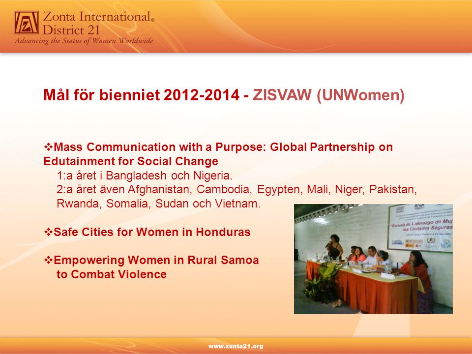 Mål för bienniet ZISVAW (UNWomen)  Mass Communication with a Purpose: Global Partnership on Edutainment for Social Change 1:a året i Bangladesh och Nigeria.