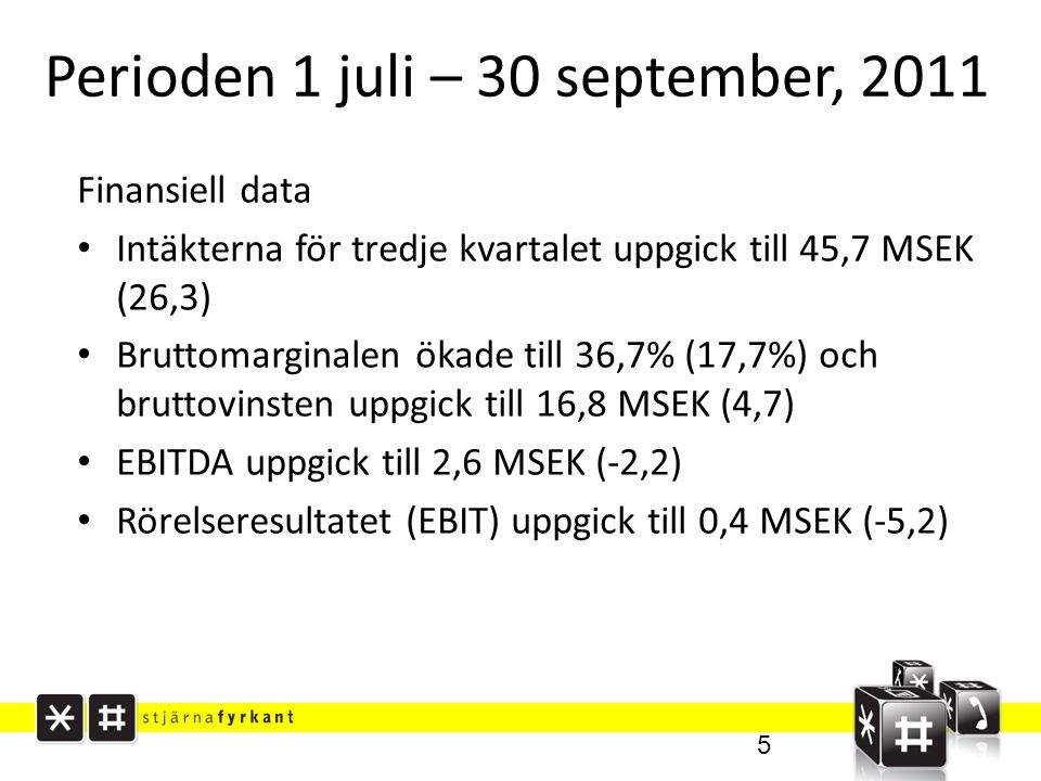 Perioden 1 juli – 30 september, 2011 Finansiell data • Intäkterna för tredje kvartalet uppgick till 45,7 MSEK (26,3) • Bruttomarginalen ökade till 36,7% (17,7%) och bruttovinsten uppgick till 16,8 MSEK (4,7) • EBITDA uppgick till 2,6 MSEK (-2,2) • Rörelseresultatet (EBIT) uppgick till 0,4 MSEK (-5,2) 5
