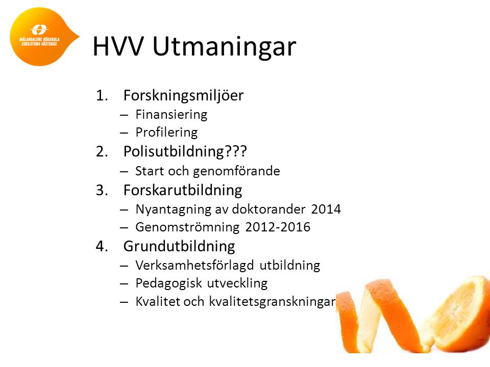 HVV Utmaningar 1.Forskningsmiljöer – Finansiering – Profilering 2.Polisutbildning .