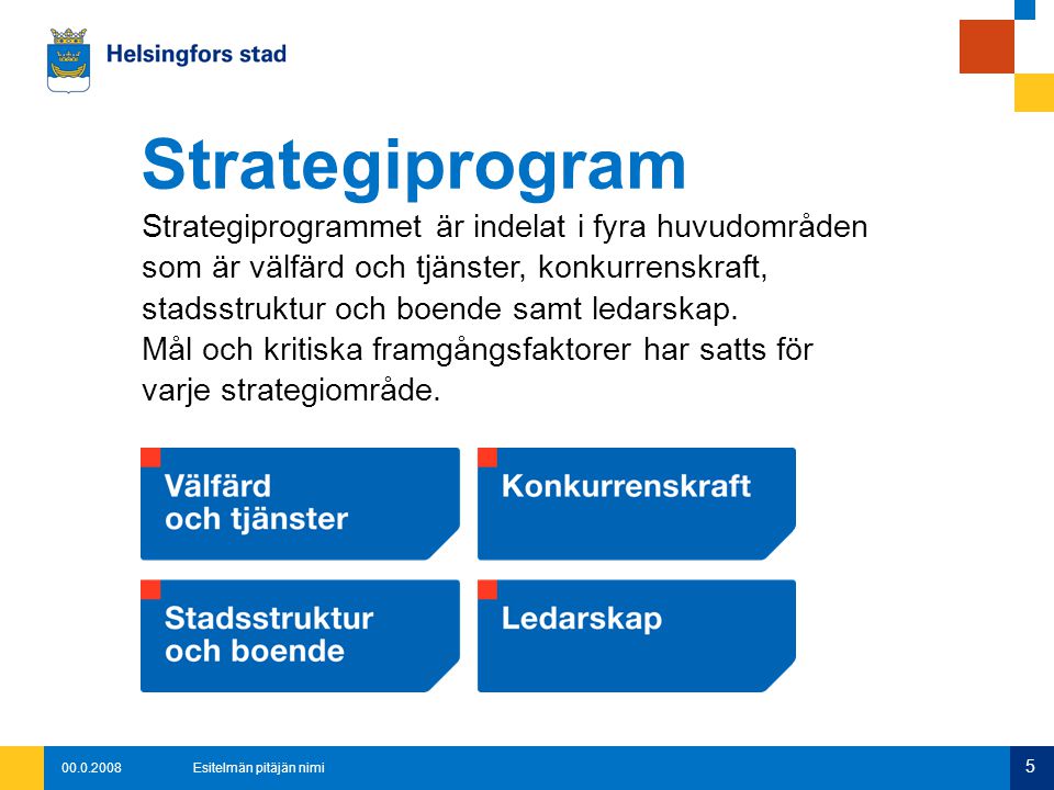 Esitelmän pitäjän nimi 5 Strategiprogrammet är indelat i fyra huvudområden som är välfärd och tjänster, konkurrenskraft, stadsstruktur och boende samt ledarskap.