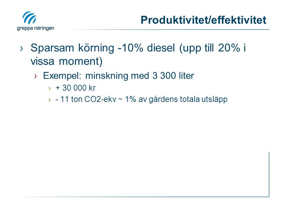 Produktivitet/effektivitet ›Sparsam körning -10% diesel (upp till 20% i vissa moment) ›Exempel: minskning med liter › kr ›- 11 ton CO2-ekv ~ 1% av gårdens totala utsläpp