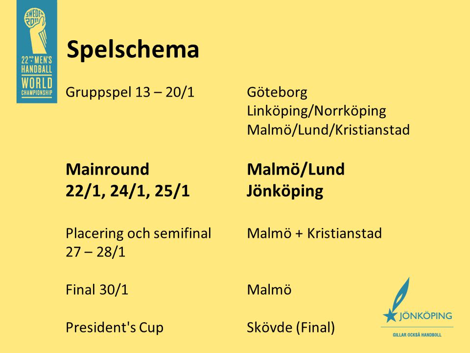 Spelschema Göteborg Linköping/Norrköping Malmö/Lund/Kristianstad Malmö/Lund Jönköping Malmö + Kristianstad Malmö Skövde (Final) Gruppspel 13 – 20/1 Mainround 22/1, 24/1, 25/1 Placering och semifinal 27 – 28/1 Final 30/1 President s Cup