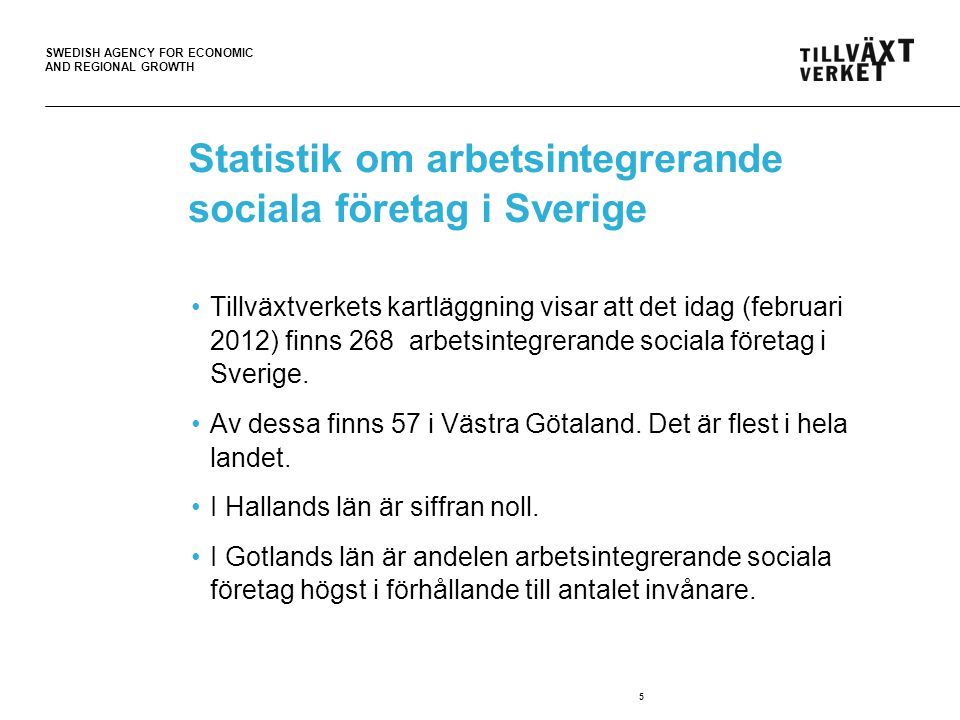 SWEDISH AGENCY FOR ECONOMIC AND REGIONAL GROWTH Statistik om arbetsintegrerande sociala företag i Sverige •Tillväxtverkets kartläggning visar att det idag (februari 2012) finns 268 arbetsintegrerande sociala företag i Sverige.