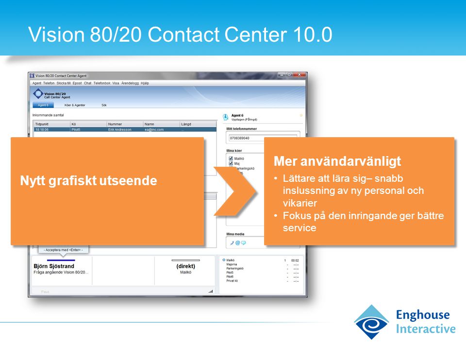 Vision 80/20 Contact Center 10.0 Nytt grafiskt utseende Mer användarvänligt •Lättare att lära sig– snabb inslussning av ny personal och vikarier •Fokus på den inringande ger bättre service