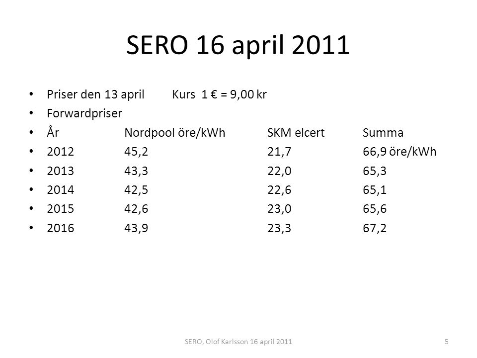 SERO 16 april 2011 Priser den 13 aprilKurs 1 € = 9,00 kr Forwardpriser ÅrNordpool öre/kWh SKM elcertSumma ,221,766,9 öre/kWh ,322,065, ,522,665, ,623,065, ,923,367,2 5SERO, Olof Karlsson 16 april 2011