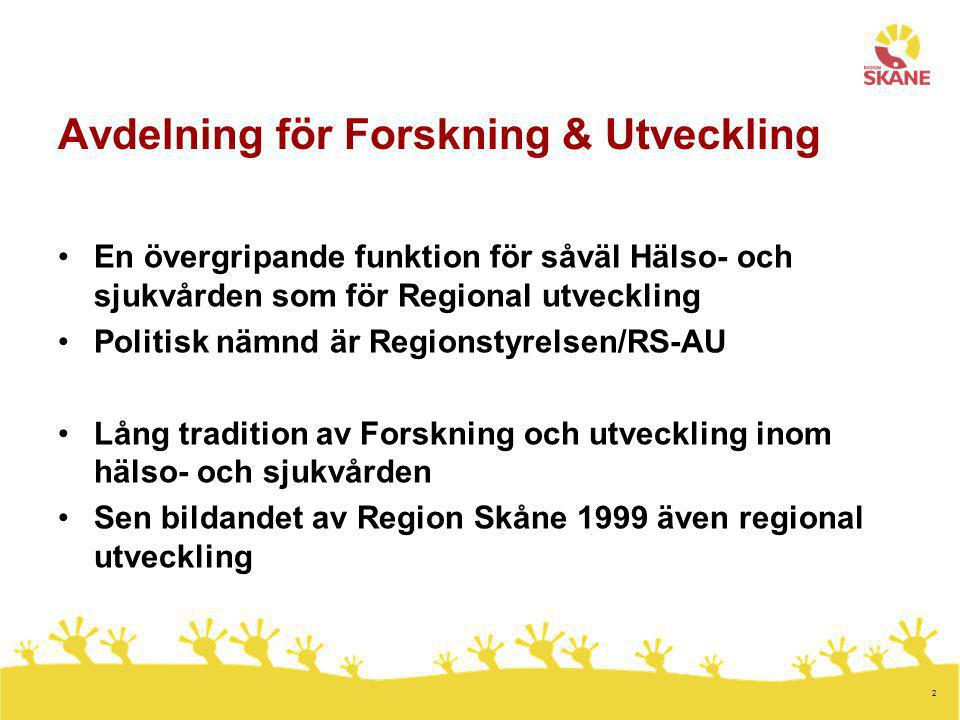 2 Avdelning för Forskning & Utveckling En övergripande funktion för såväl Hälso- och sjukvården som för Regional utveckling Politisk nämnd är Regionstyrelsen/RS-AU Lång tradition av Forskning och utveckling inom hälso- och sjukvården Sen bildandet av Region Skåne 1999 även regional utveckling