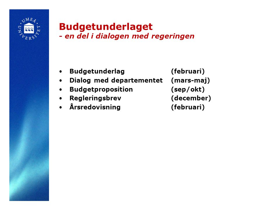 Budgetunderlaget - en del i dialogen med regeringen Budgetunderlag (februari) Dialog med departementet (mars-maj) Budgetproposition (sep/okt) Regleringsbrev (december) Årsredovisning (februari)