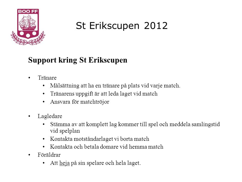 St Erikscupen 2012 Support kring St Erikscupen Tränare Målsättning att ha en tränare på plats vid varje match.