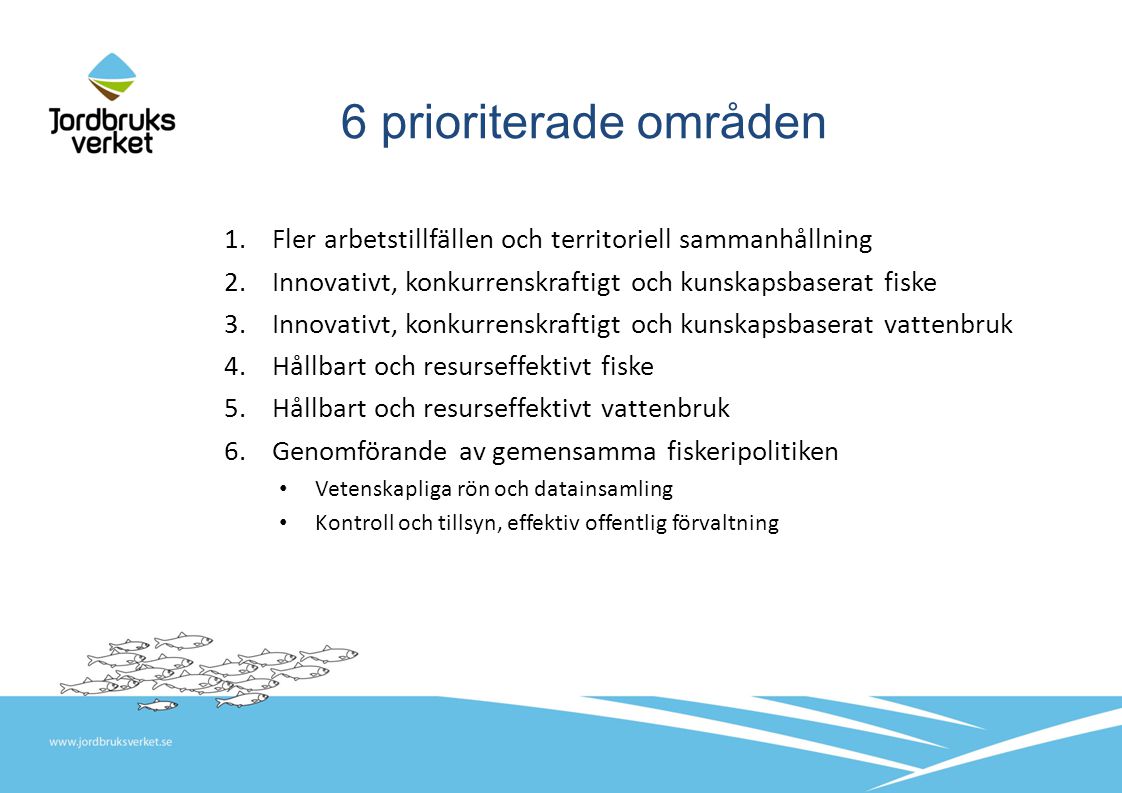6 prioriterade områden 1.Fler arbetstillfällen och territoriell sammanhållning 2.Innovativt, konkurrenskraftigt och kunskapsbaserat fiske 3.Innovativt, konkurrenskraftigt och kunskapsbaserat vattenbruk 4.Hållbart och resurseffektivt fiske 5.Hållbart och resurseffektivt vattenbruk 6.Genomförande av gemensamma fiskeripolitiken Vetenskapliga rön och datainsamling Kontroll och tillsyn, effektiv offentlig förvaltning