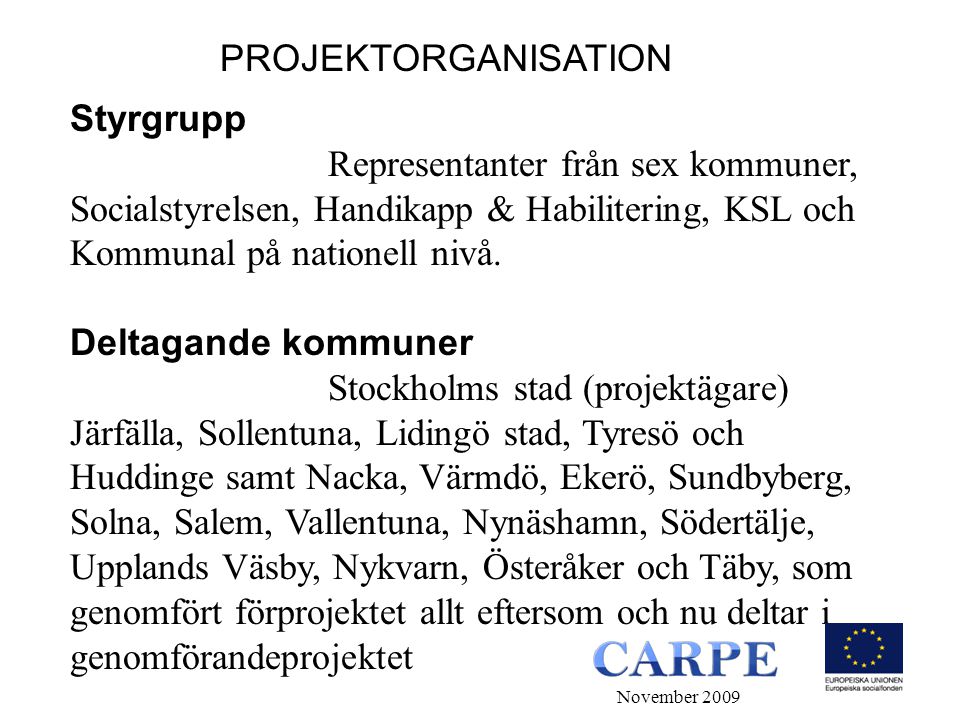 Styrgrupp Representanter från sex kommuner, Socialstyrelsen, Handikapp & Habilitering, KSL och Kommunal på nationell nivå.