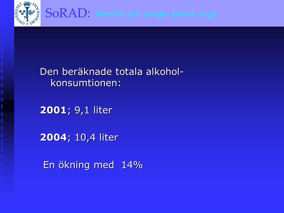 SoRAD: A BRIEF OVERVIEW SoRAD: Alkohol och droger bland unga Den beräknade totala alkohol- konsumtionen: 2001; 9,1 liter 2004; 10,4 liter En ökning med 14% En ökning med 14%