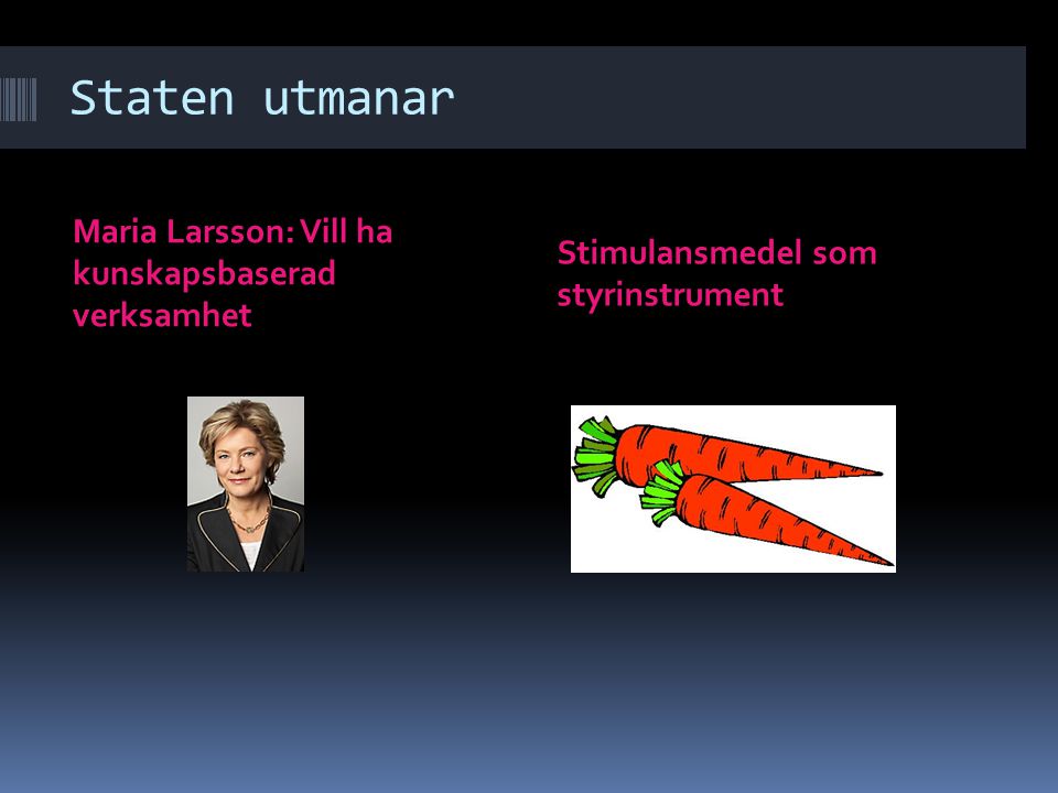 Staten utmanar Maria Larsson: Vill ha kunskapsbaserad verksamhet Stimulansmedel som styrinstrument