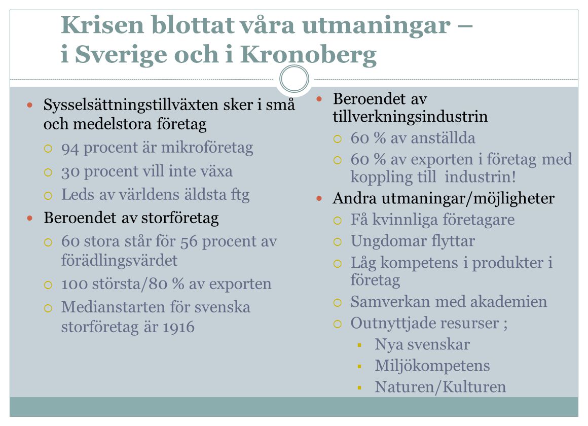 Krisen blottat våra utmaningar – i Sverige och i Kronoberg Sysselsättningstillväxten sker i små och medelstora företag  94 procent är mikroföretag  30 procent vill inte växa  Leds av världens äldsta ftg Beroendet av storföretag  60 stora står för 56 procent av förädlingsvärdet  100 största/80 % av exporten  Medianstarten för svenska storföretag är 1916 Beroendet av tillverkningsindustrin  60 % av anställda  60 % av exporten i företag med koppling till industrin.