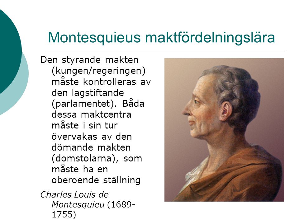 Montesquieus maktfördelningslära Den styrande makten (kungen/regeringen) måste kontrolleras av den lagstiftande (parlamentet).