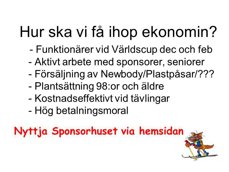 - Funktionärer vid Världscup dec och feb - Aktivt arbete med sponsorer, seniorer - Försäljning av Newbody/Plastpåsar/ .