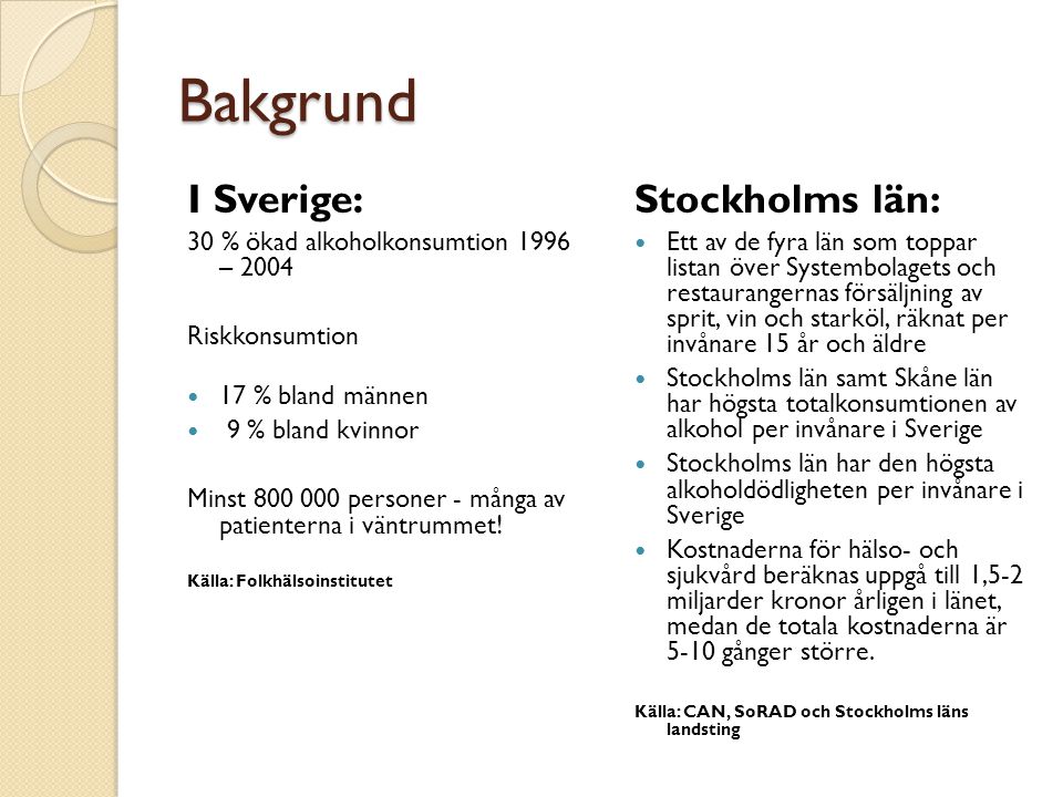 Bakgrund I Sverige: 30 % ökad alkoholkonsumtion 1996 – 2004 Riskkonsumtion 17 % bland männen 9 % bland kvinnor Minst personer - många av patienterna i väntrummet.