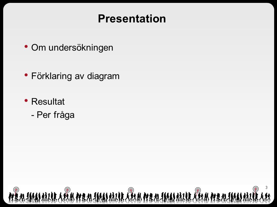 Presentation Om undersökningen Förklaring av diagram Resultat - Per fråga 3