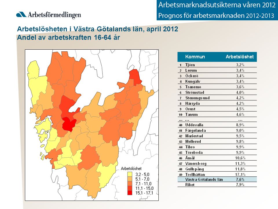 Arbetslösheten i Västra Götalands län, april 2012 Andel av arbetskraften år