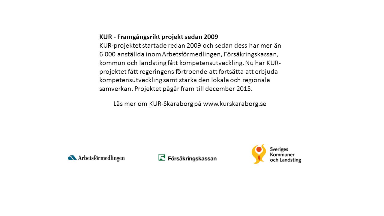 Läs mer om KUR-Skaraborg på   KUR - Framgångsrikt projekt sedan 2009 KUR-projektet startade redan 2009 och sedan dess har mer än anställda inom Arbetsförmedlingen, Försäkringskassan, kommun och landsting fått kompetensutveckling.