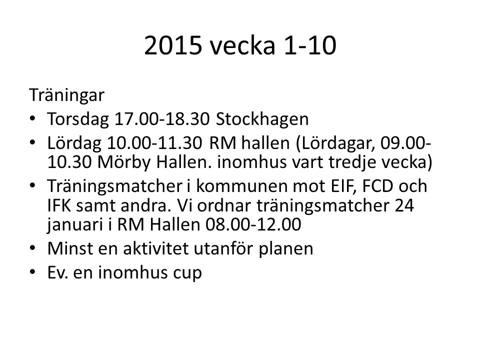 2015 vecka 1-10 Träningar Torsdag Stockhagen Lördag RM hallen (Lördagar, Mörby Hallen.