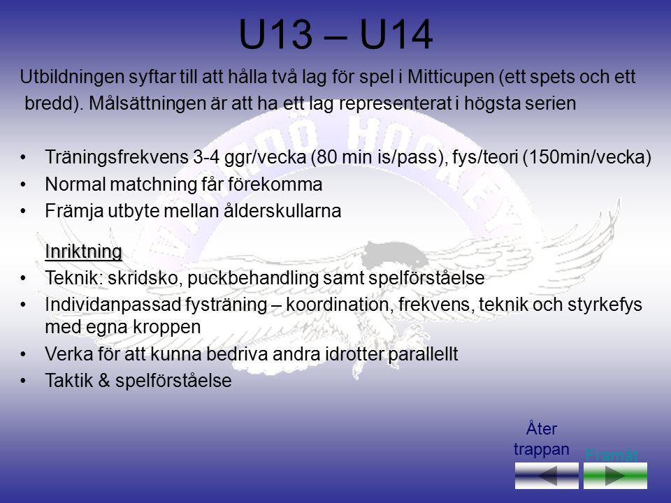 U13 – U14 Utbildningen syftar till att hålla två lag för spel i Mitticupen (ett spets och ett bredd).