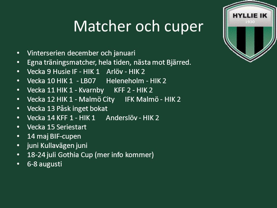 Matcher och cuper Vinterserien december och januari Egna träningsmatcher, hela tiden, nästa mot Bjärred.