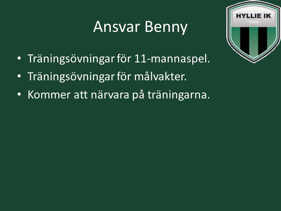 Ansvar Benny Träningsövningar för 11-mannaspel. Träningsövningar för målvakter.