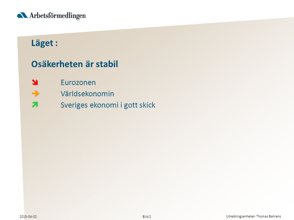 Bild Utredningsenheten Thomas Behrens Läget : Osäkerheten är stabil   Eurozonen   Världsekonomin   Sveriges ekonomi i gott skick
