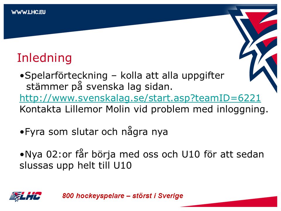 800 hockeyspelare – störst i Sverige Inledning Spelarförteckning – kolla att alla uppgifter stämmer på svenska lag sidan.