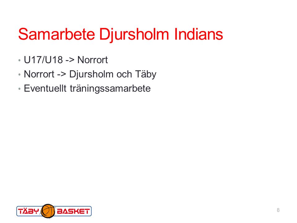 Samarbete Djursholm Indians U17/U18 -> Norrort Norrort -> Djursholm och Täby Eventuellt träningssamarbete 8
