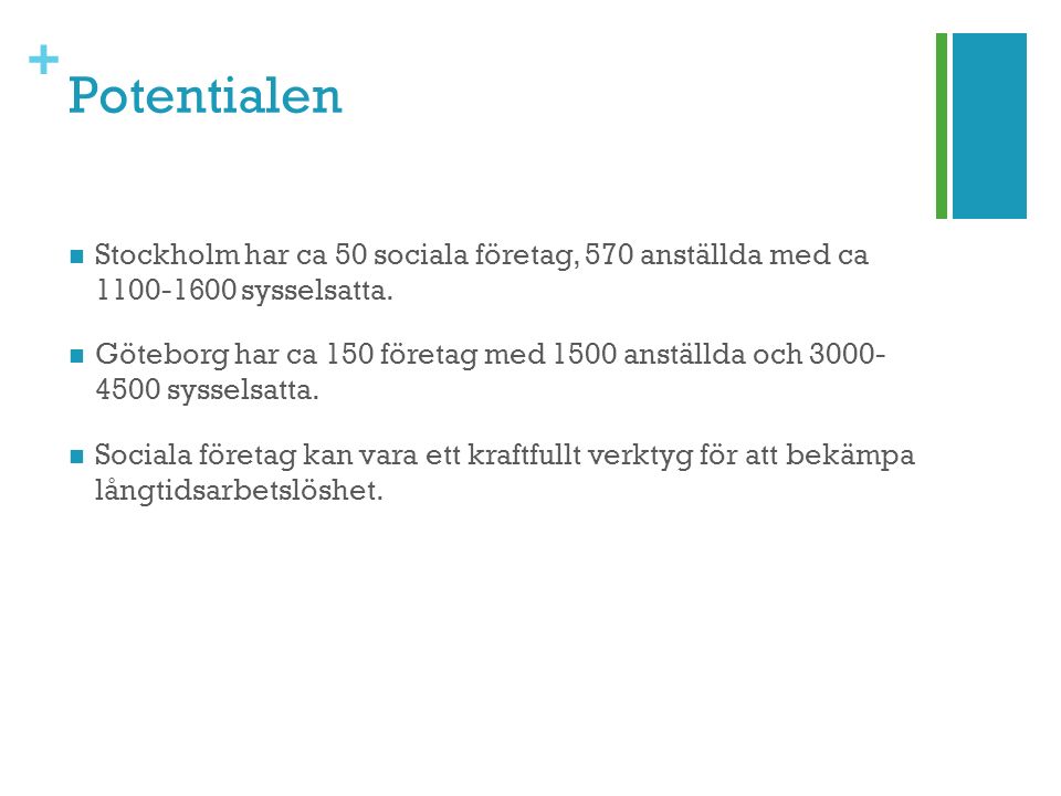 + Potentialen Stockholm har ca 50 sociala företag, 570 anställda med ca sysselsatta.