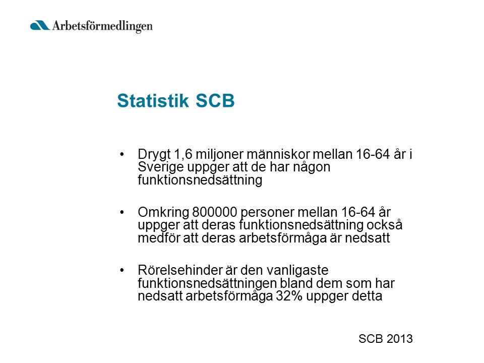 Statistik SCB Drygt 1,6 miljoner människor mellan år i Sverige uppger att de har någon funktionsnedsättning Omkring personer mellan år uppger att deras funktionsnedsättning också medför att deras arbetsförmåga är nedsatt Rörelsehinder är den vanligaste funktionsnedsättningen bland dem som har nedsatt arbetsförmåga 32% uppger detta SCB 2013
