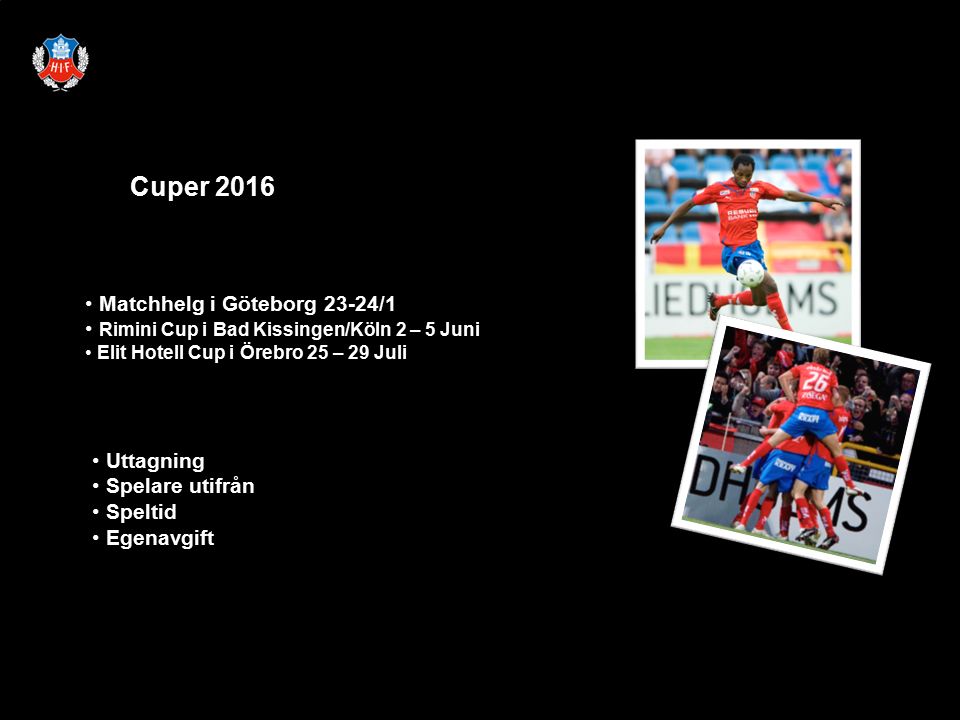 Cuper 2016 Matchhelg i Göteborg 23-24/1 Rimini Cup i Bad Kissingen/Köln 2 – 5 Juni Elit Hotell Cup i Örebro 25 – 29 Juli Uttagning Spelare utifrån Speltid Egenavgift