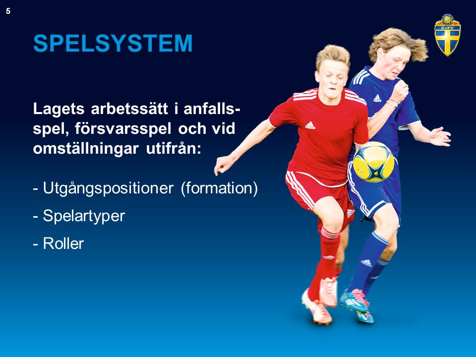 SPELSYSTEM Lagets arbetssätt i anfalls- spel, försvarsspel och vid omställningar utifrån: - Utgångspositioner (formation) - Spelartyper - Roller 5