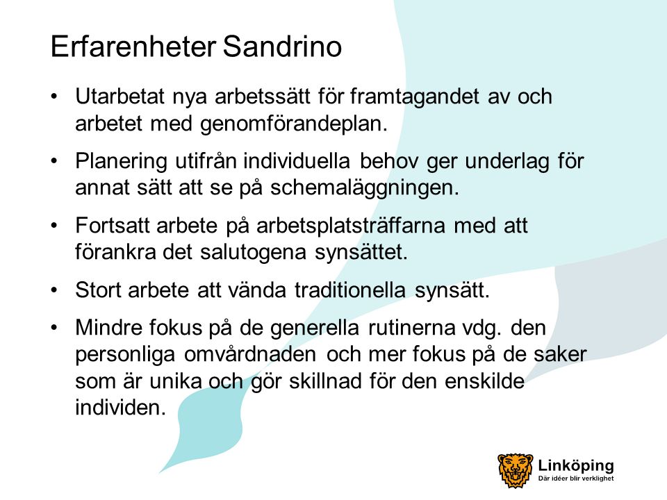 Erfarenheter Sandrino Utarbetat nya arbetssätt för framtagandet av och arbetet med genomförandeplan.