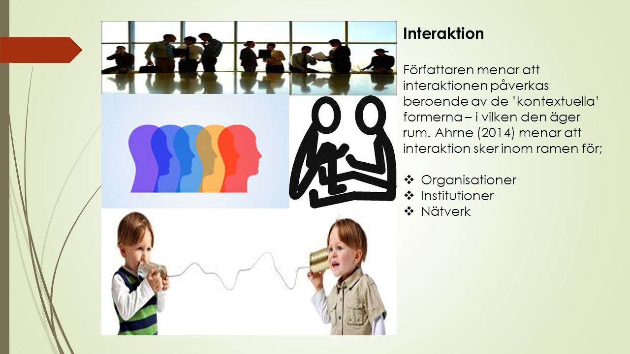 Interaktion Författaren menar att interaktionen påverkas beroende av de ’kontextuella’ formerna – i vilken den äger rum.