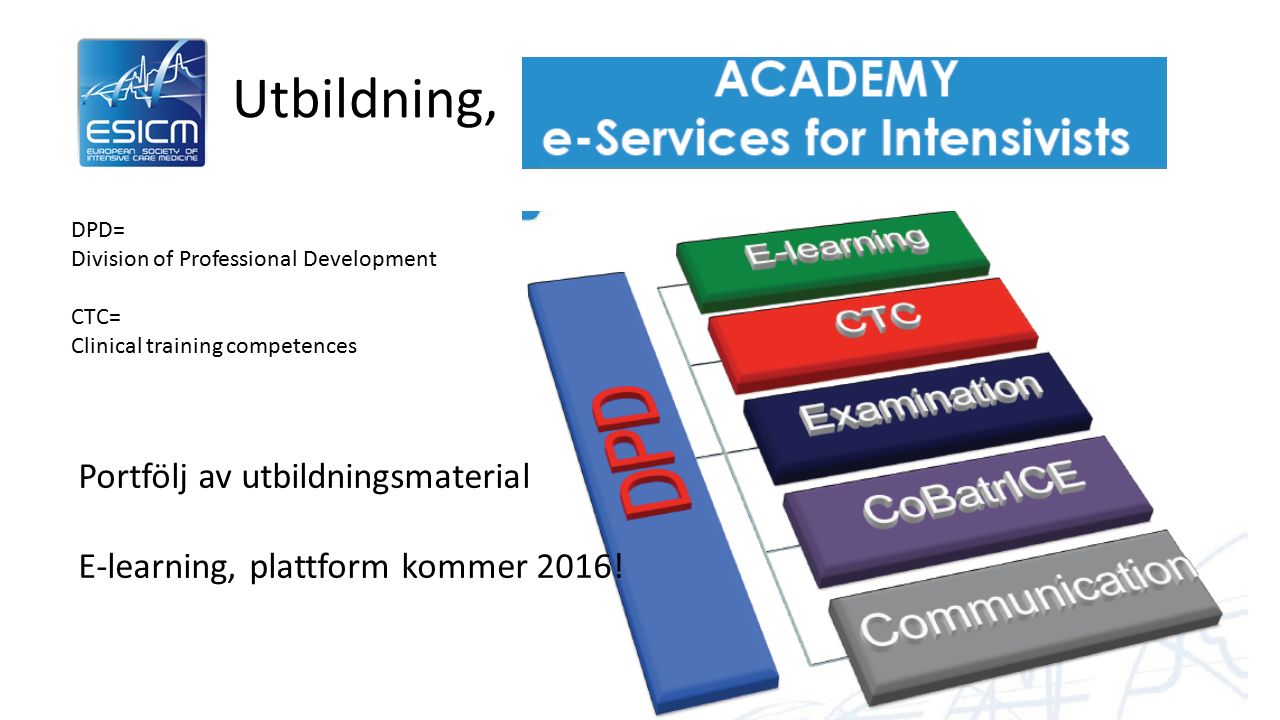 Utbildning, DPD= Division of Professional Development CTC= Clinical training competences Portfölj av utbildningsmaterial E-learning, plattform kommer 2016!