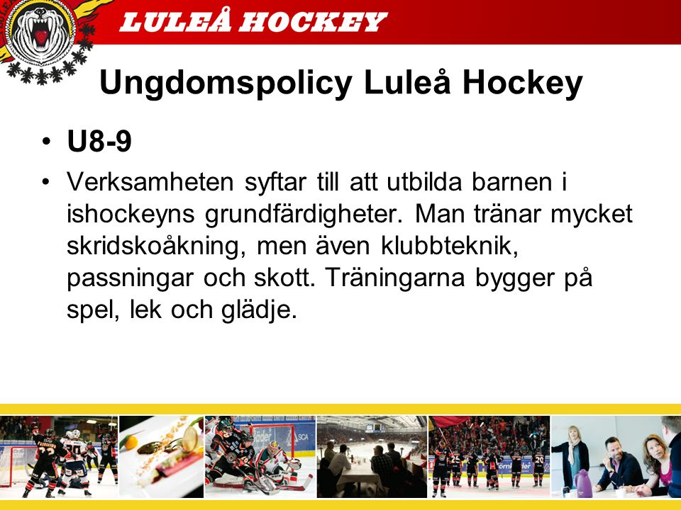 Ungdomspolicy Luleå Hockey U8-9 Verksamheten syftar till att utbilda barnen i ishockeyns grundfärdigheter.