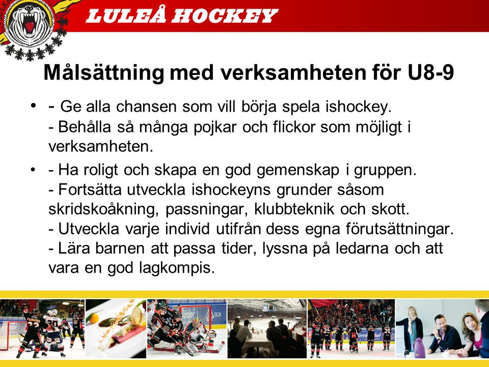Målsättning med verksamheten för U8-9 - Ge alla chansen som vill börja spela ishockey.