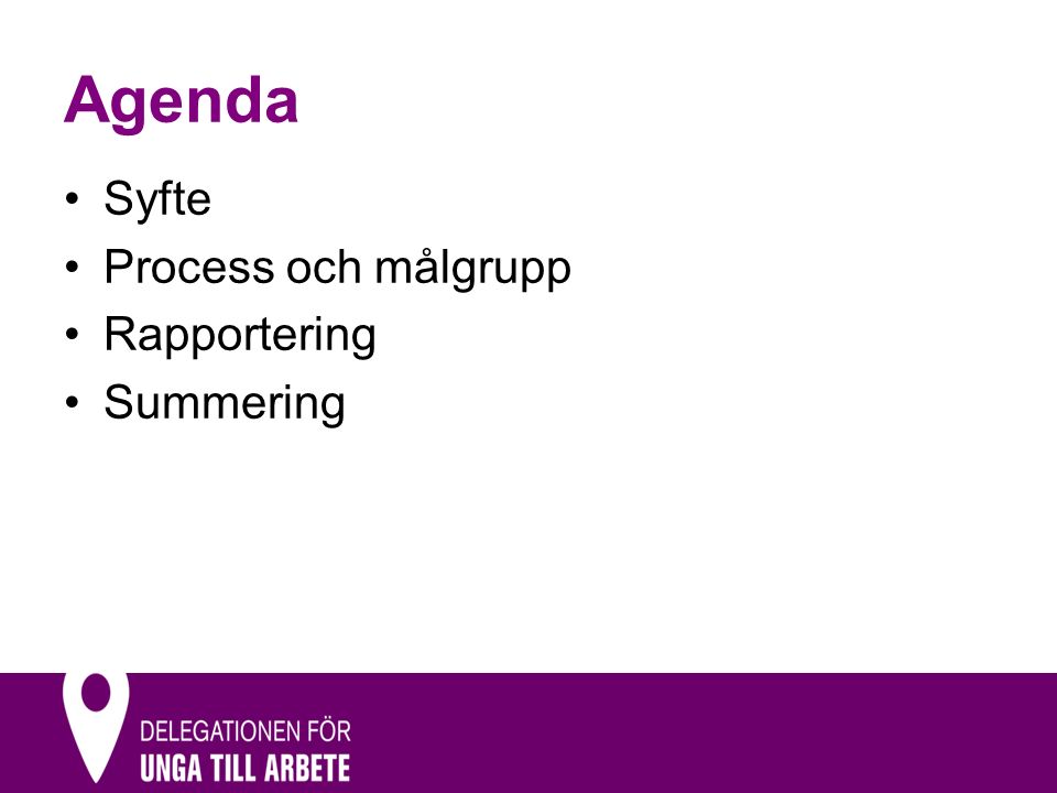 Agenda Syfte Process och målgrupp Rapportering Summering