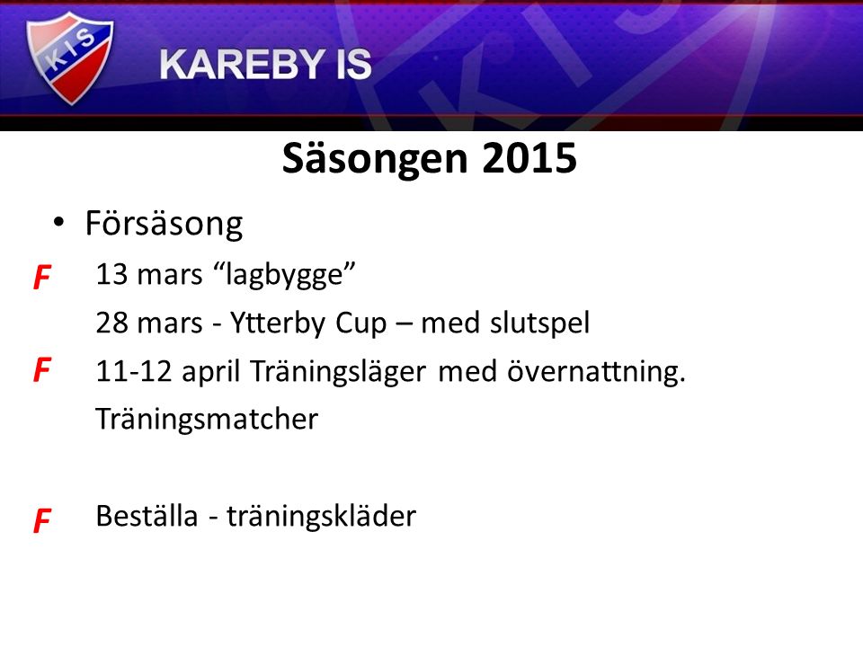 Säsongen 2015 Försäsong 13 mars lagbygge 28 mars - Ytterby Cup – med slutspel april Träningsläger med övernattning.