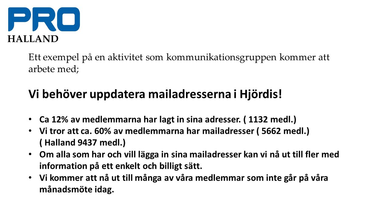 HALLAND Ett exempel på en aktivitet som kommunikationsgruppen kommer att arbete med; Vi behöver uppdatera mailadresserna i Hjördis.