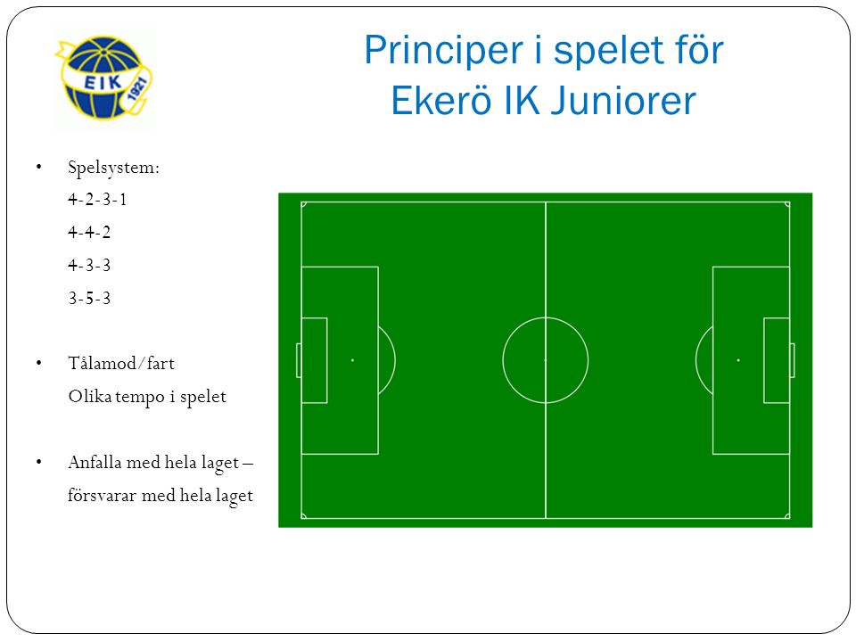 Principer i spelet för Ekerö IK Juniorer Spelsystem: Tålamod/fart Olika tempo i spelet Anfalla med hela laget – försvarar med hela laget
